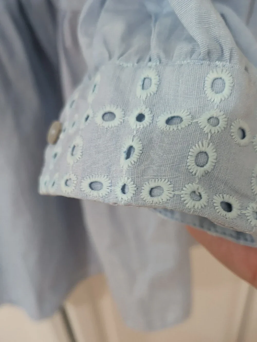 Zara Pale Blue Eyelet Cotton Long-Sleeve Shirt Dress